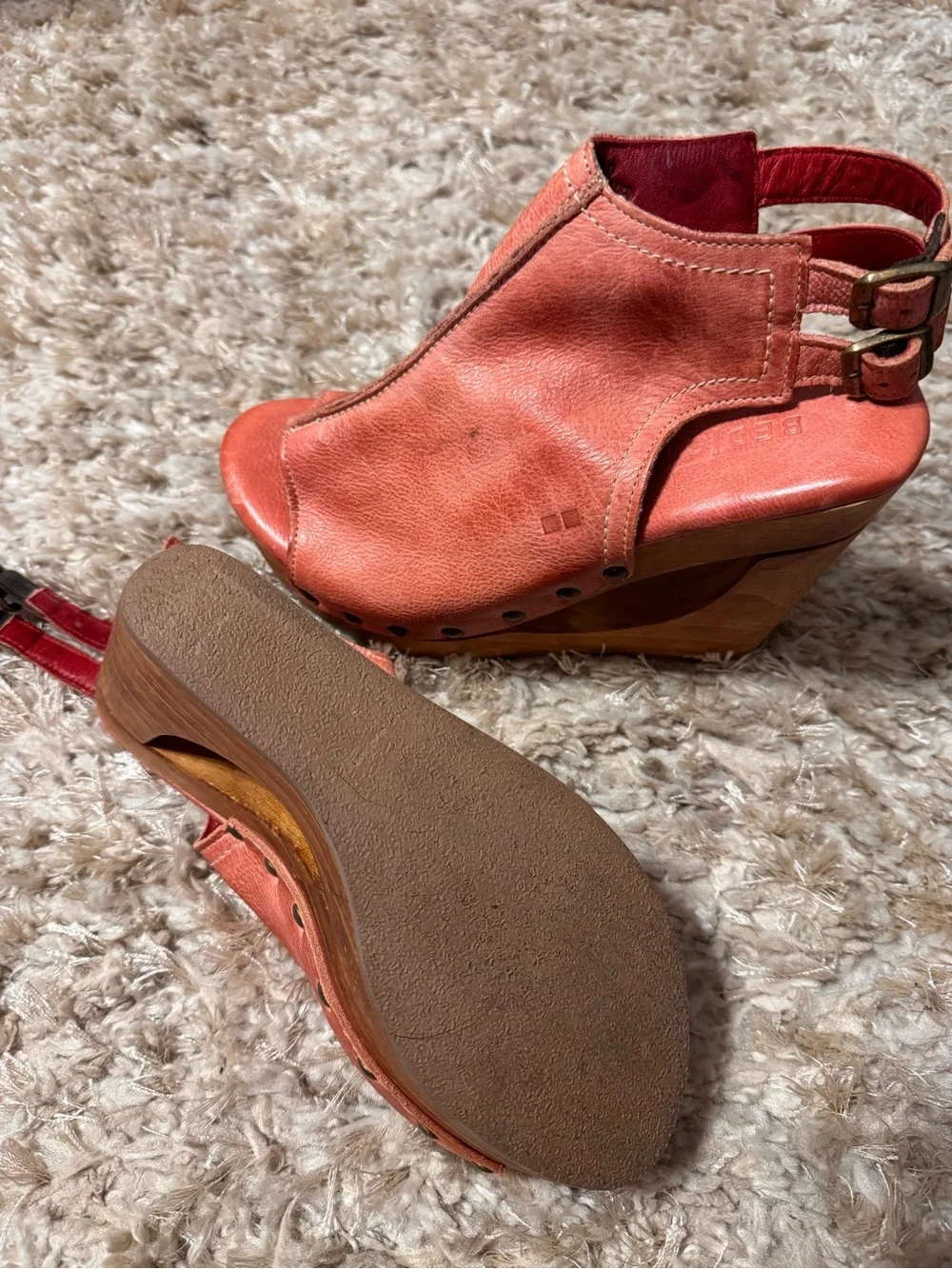 BED|STU Leather Open-Peep Wedge Sandals